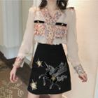 Tweed Panel Blouse / Unicorn Embroidered A-line Mini Skirt
