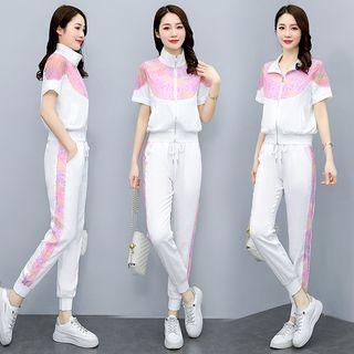 Set: Short-sleeve Two-tone Zip-up Top + Straight Leg Pants