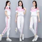 Set: Short-sleeve Two-tone Zip-up Top + Straight Leg Pants