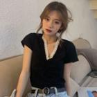 Short-sleeve Lace Trim Shirred T-shirt Short Sleeve - Lace - One Size
