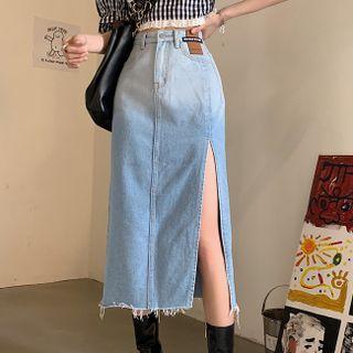Gradient Slit Denim Midi A-line Skirt