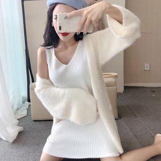 Furry Cardigan / Sleeveless Midi Knit Dress