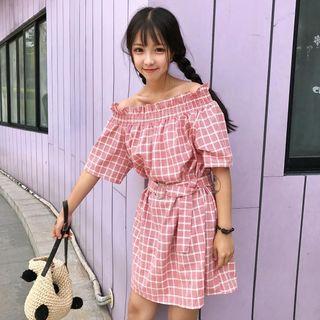Window Pane Off Shoulder Elbow Sleeve Dress