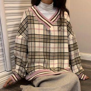 Plaid V-neck Pullover
