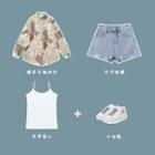 Colour Block Long-sleeved Shirt / Vest / Denim Shorts