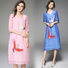 Short-sleeve Embroidery Linen Silk Dress