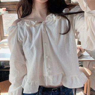 Long-sleeve Off-shoulder Frill Trim Blouse Beige - One Size