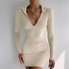Long-sleeve V-neck Collared Mini Bodycon Dress