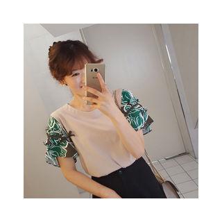 Printed Sleeve Color-block Top