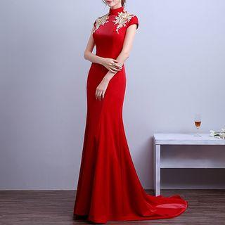 Lace Applique Stand Collar Mermaid Evening Gown