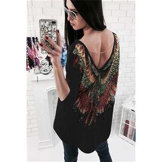 3/4-sleeve Wing Printed T-shirt