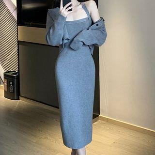 Set: Plain Cardigan + Spaghetti Strap Midi Sheath Dress