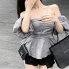 Off Shoulder Puff-sleeve Cropped Blouse Gray - One Size