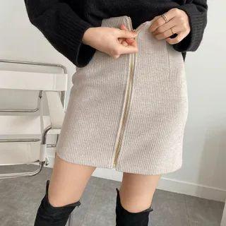 Zip-front Ribbed Miniskirt
