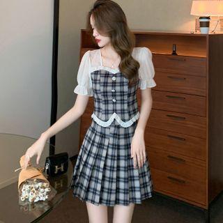 Set Of 2: Puff-sleeve Panel Plaid Blouse + High-waist Plaid Pleated Skirt