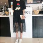 Set: Rose Print Short-sleeve T-shirt Dress + Sheer Lace Midi Skirt
