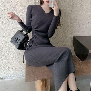V-neck Drawstring Knit Midi A-line Dress