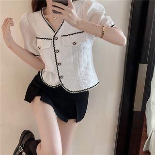 Short-sleeve Contrast Trim Cropped Blouse White - One Size