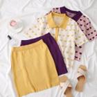Set: Heart-print Summer Knit Polo Shirt + Pencil Skirt