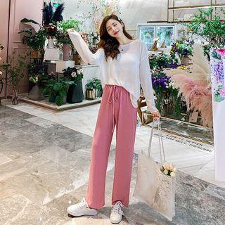 Set: Plain Drawstring Sweatpants + Long-sleeve Top
