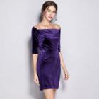 Elbow-sleeve Cold-shoulder Mini Velvet Cocktail Dress