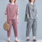 Set: Check 3/4-sleeve Top + Crop Harem Pants