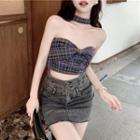 Checker Ribbon-accent Tube Top With Choker