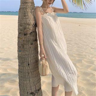 Spaghetti Strap Plain Shirred Midi A-line Dress