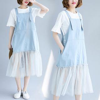 Set: Bell-sleeve Top + Mesh Panel Midi Denim Jumper Dress As Shown In Figure - One Size