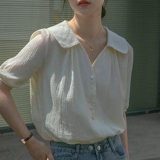 Short-sleeve V-neck Collared Button-up Linen Blouse