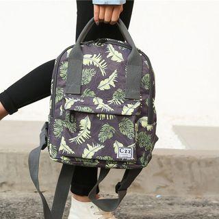 Faux Leather Leaf Print Backpack Leaf - Green & Purple - One Size