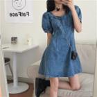 Square-neck Short-sleeve Denim A-line Dress Denim Dress - One Size