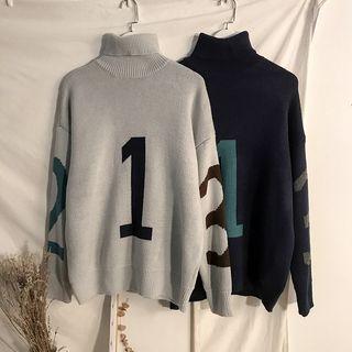 Turtleneck Number Print Sweater