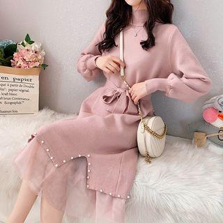 Set: Mock Turtleneck Long-sleeve Midi Knit Dress + Midi Mesh Skirt