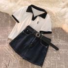 Short-sleeve Two-tone Lettering Polo-shirt / Denim Mini Skort