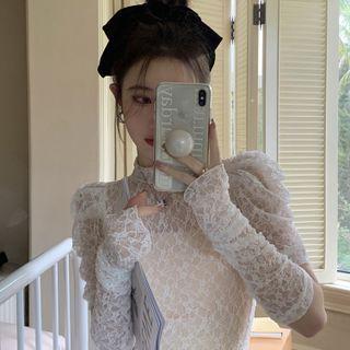 Set: Short-sleeve Mock-neck Lace Top + Arm Sleeves