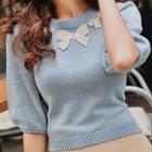 Elbow-sleeve Bow Accent Knit Top