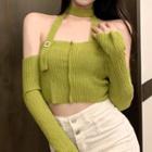 Cold Shoulder Knit Top Green - One Size