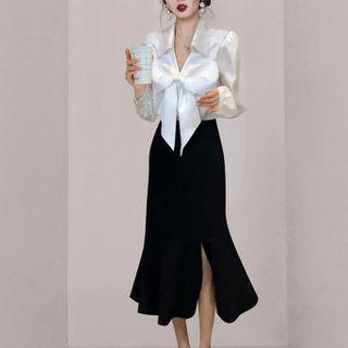 Bow Blouse / Slit Midi Mermaid Skirt