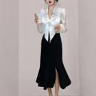 Bow Blouse / Slit Midi Mermaid Skirt