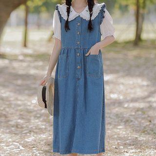 Puff-sleeve Collar Blouse / Denim Midi A-line Overall Dress / Set