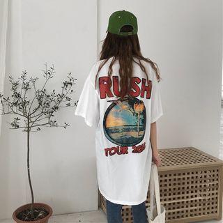 Slit Front Printed Short-sleeve Long T-shirt