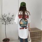 Slit Front Printed Short-sleeve Long T-shirt