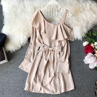 Long-sleeve Cold Shoulder Frill-trim Dress