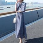 Dotted Elbow-sleeve Ruffle Chiffon Midi A-line Dress