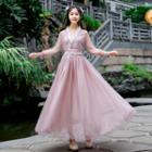 Traditional Chinese Long-sleeve Mesh A-line Maxi Dress
