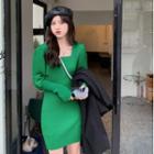 Puff-sleeve Square-neck Plain Slim-fit Knit Dress