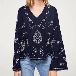 Long-sleeved Embroidered V-neck Blouse