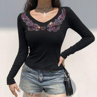 V-neck Rhinestone Long-sleeve T-shirt