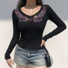 V-neck Rhinestone Long-sleeve T-shirt